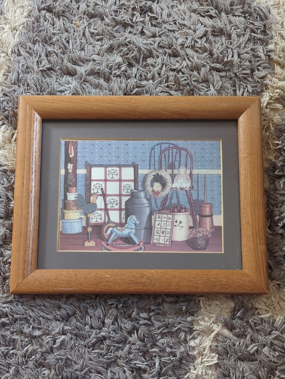 Rustic Framed Country Still Life Print By Pat Pearson Blue & Brown Grannycore